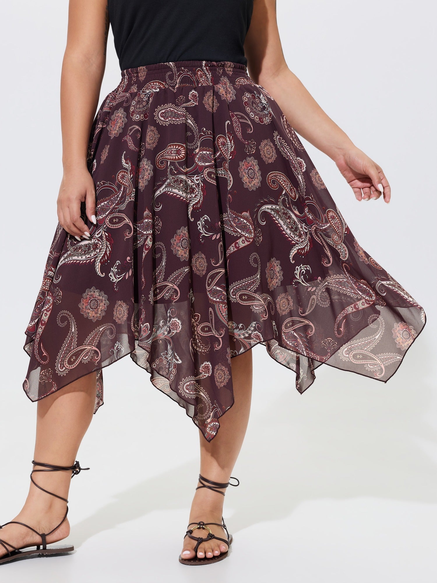 Paisley Print Shirred Waist Asymmetrical Mesh Midi Skirt