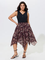 Paisley Print Shirred Waist Asymmetrical Mesh Midi Skirt