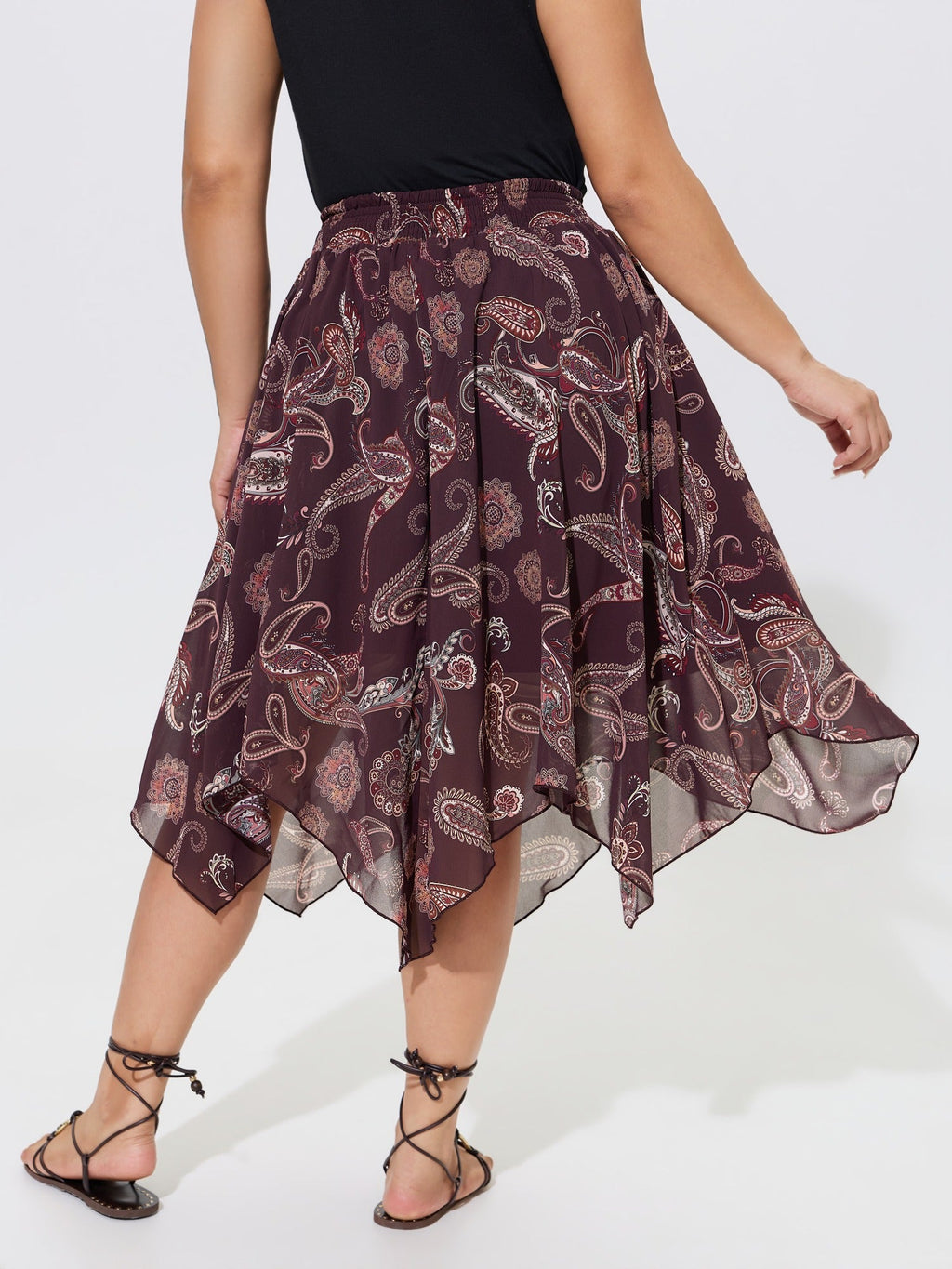 Paisley Print Shirred Waist Asymmetrical Mesh Midi Skirt