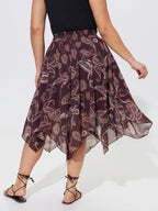 Paisley Print Shirred Waist Asymmetrical Mesh Midi Skirt