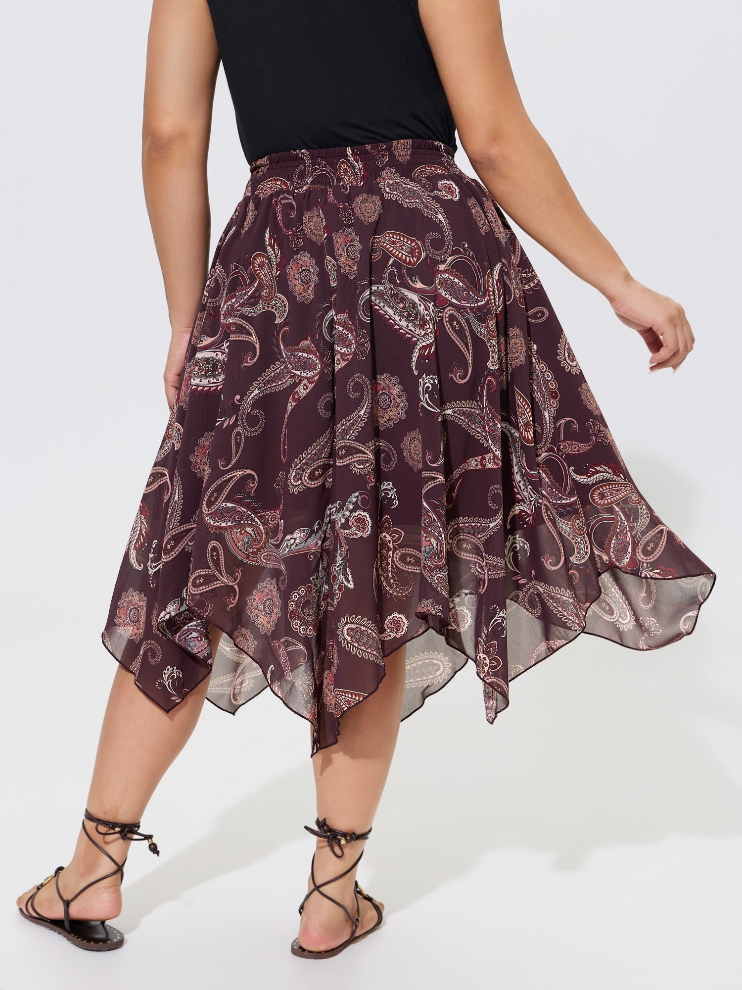 Paisley Print Shirred Waist Asymmetrical Mesh Midi Skirt