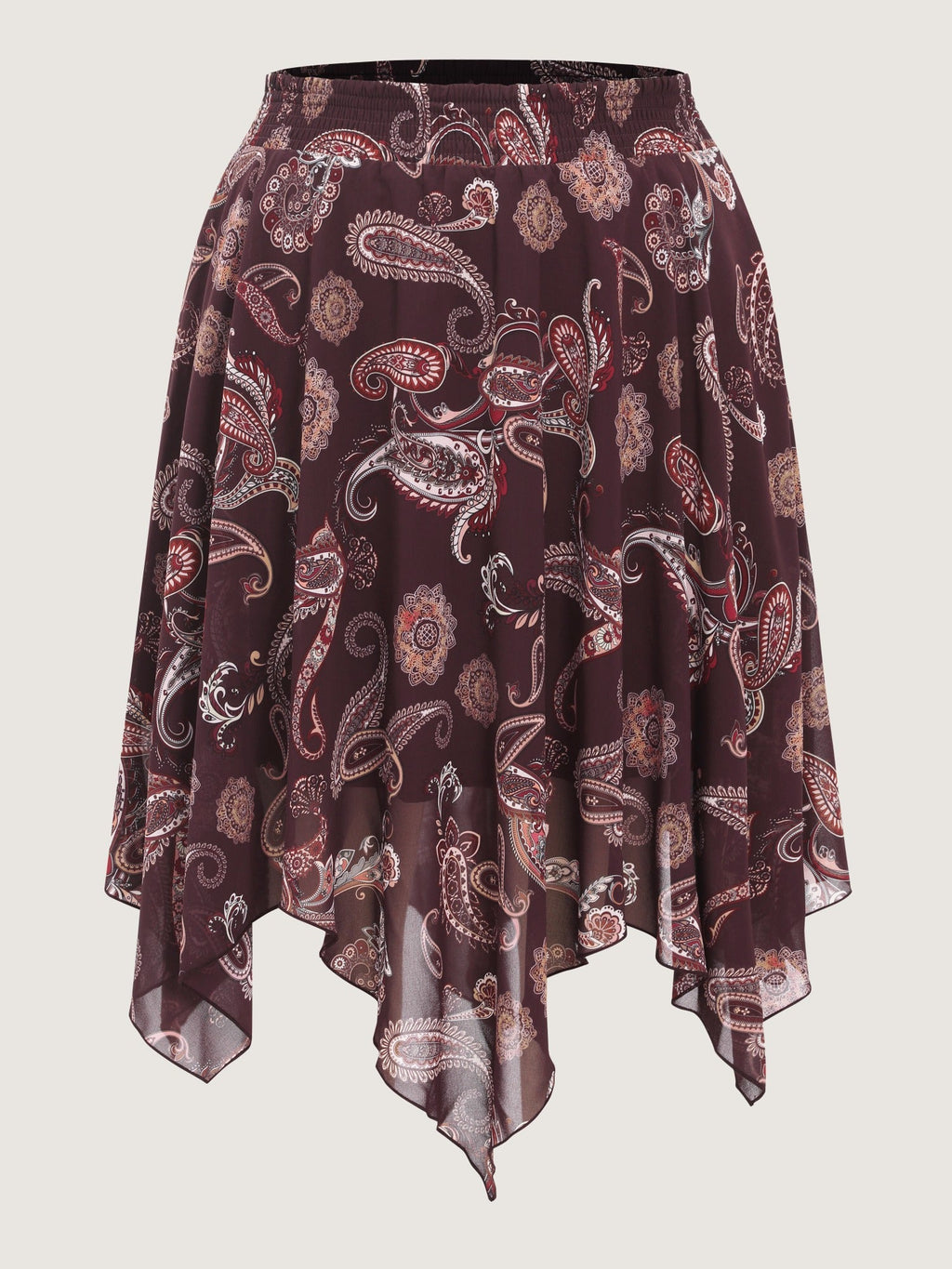 Paisley Print Shirred Waist Asymmetrical Mesh Midi Skirt