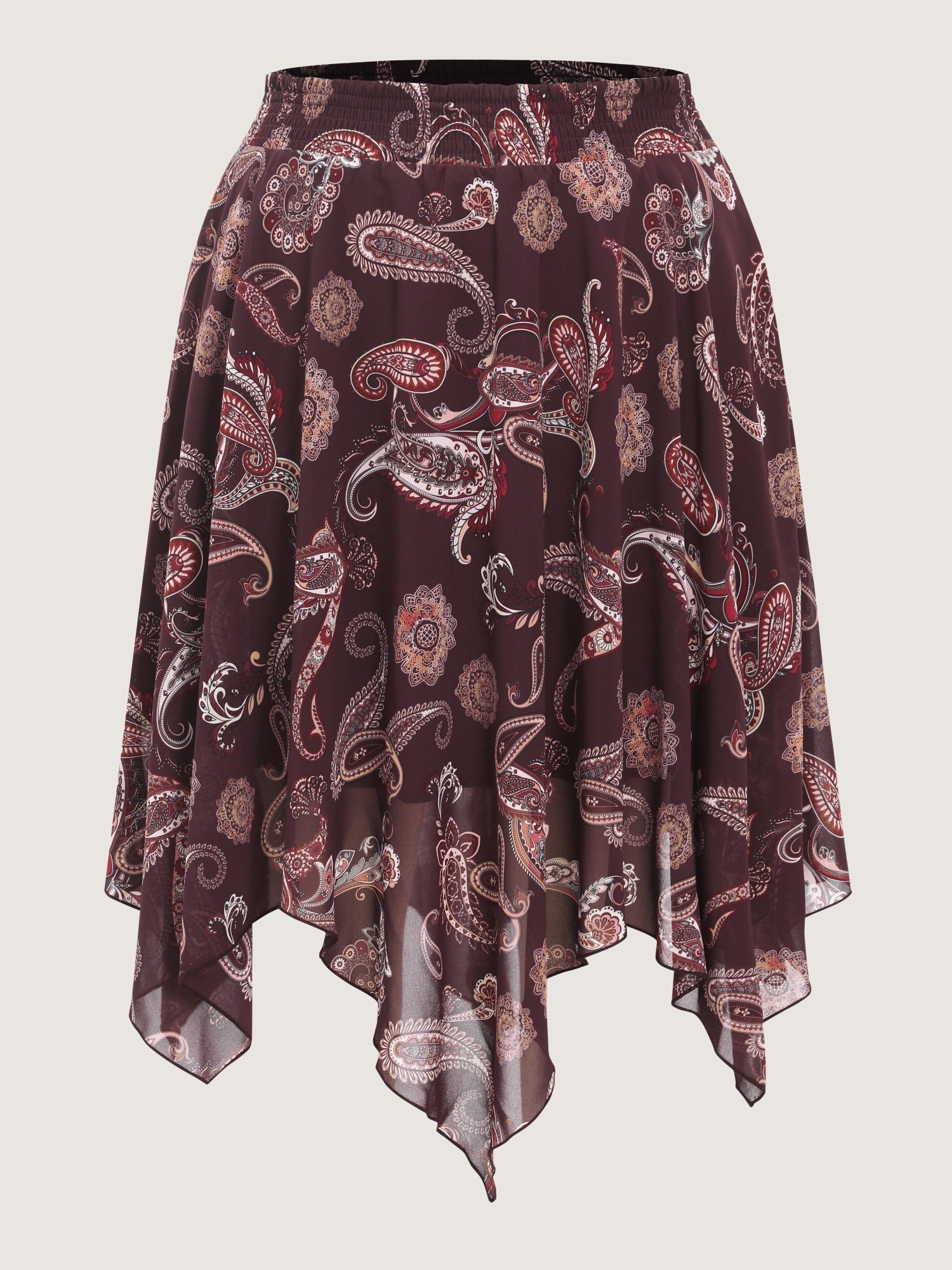 Paisley Print Shirred Waist Asymmetrical Mesh Midi Skirt