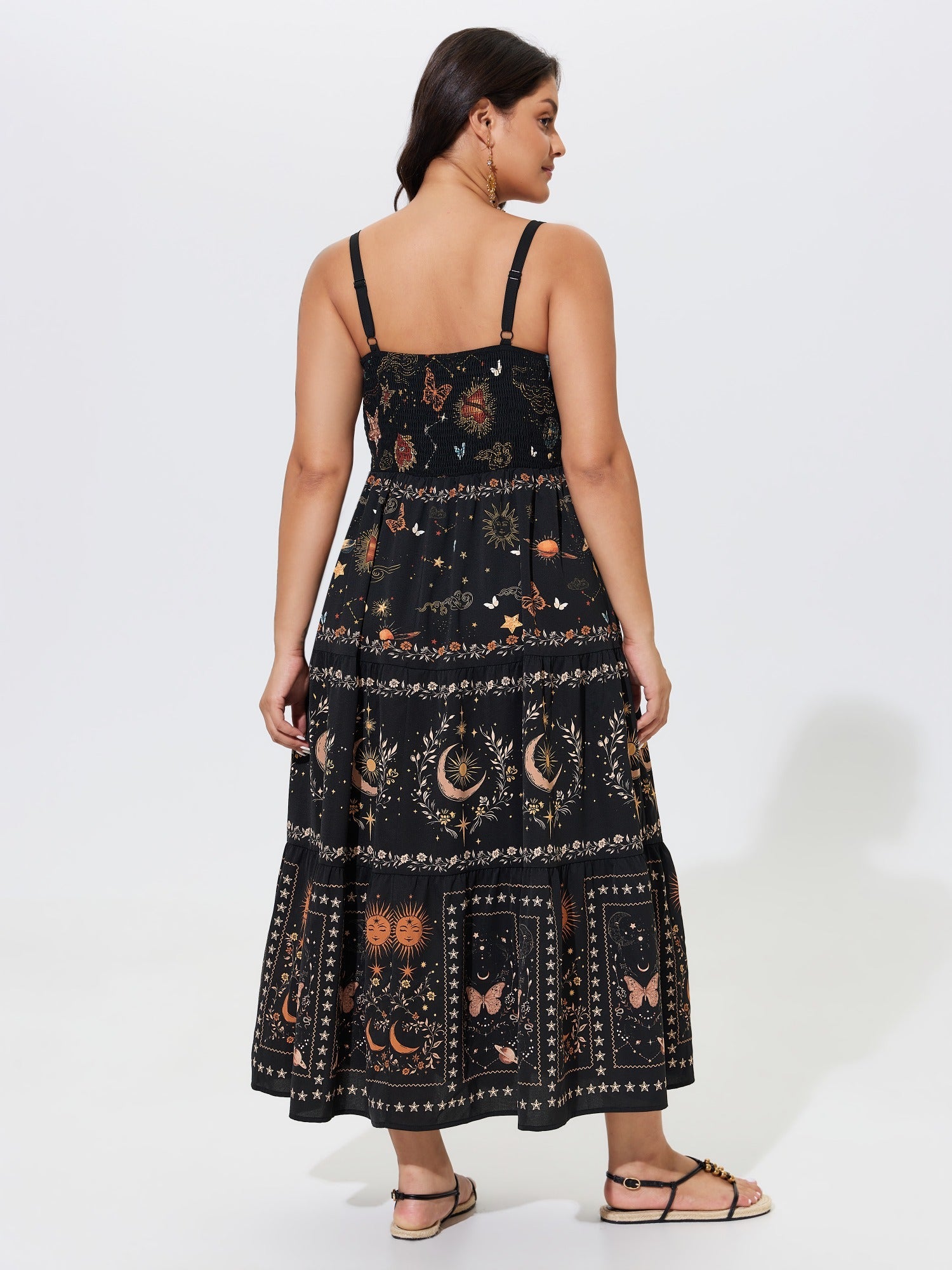 Celestial Print Shirred Tiered Maxi Dress