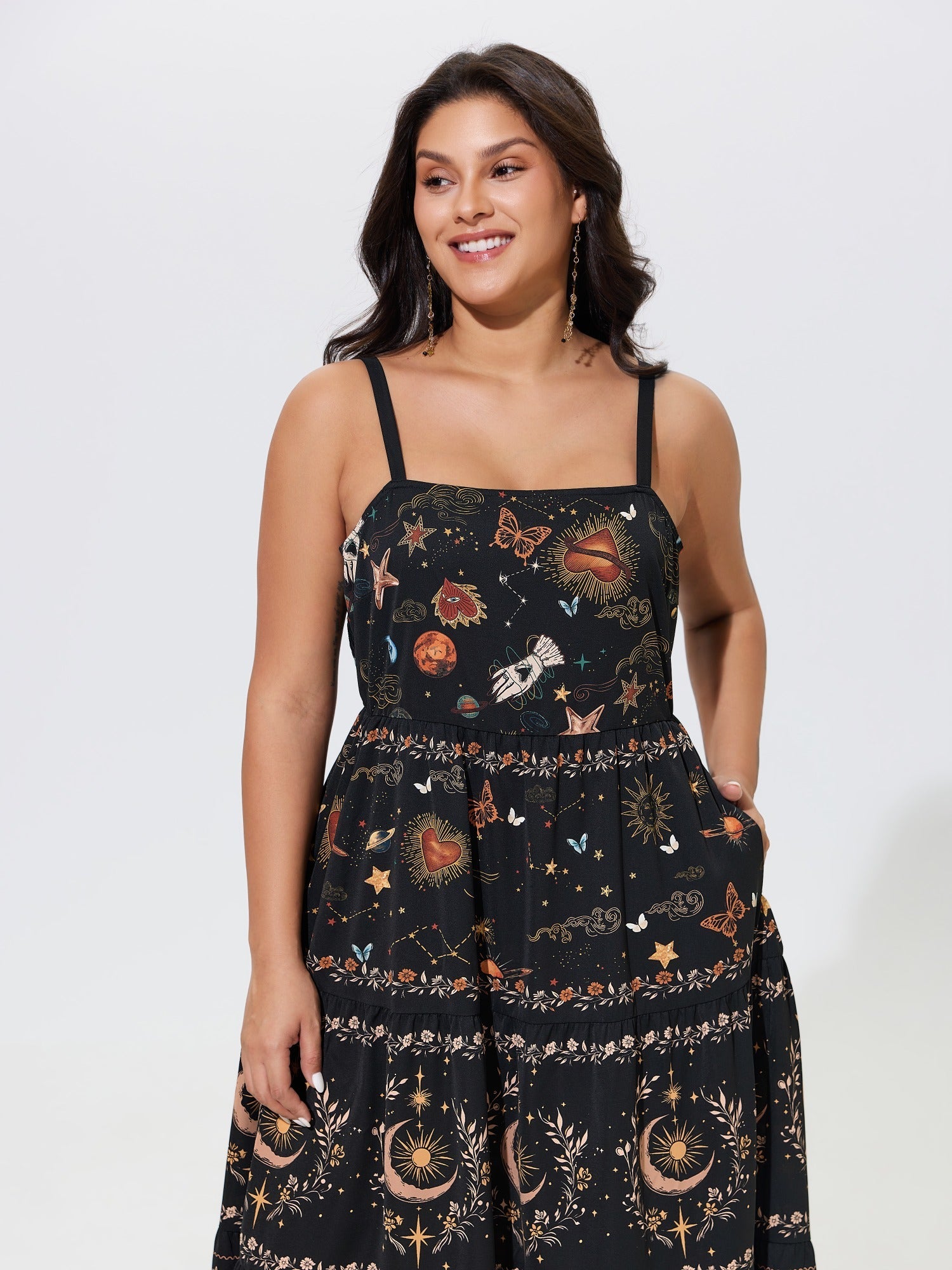 Celestial Print Shirred Tiered Maxi Dress