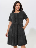 Cotton Vintage Washed Pleated Partial Button Tiered Mini Dress