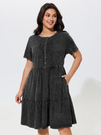 Cotton Vintage Washed Pleated Partial Button Tiered Mini Dress