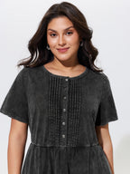 Cotton Vintage Washed Pleated Partial Button Tiered Mini Dress