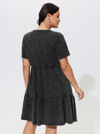 Cotton Vintage Washed Pleated Partial Button Tiered Mini Dress
