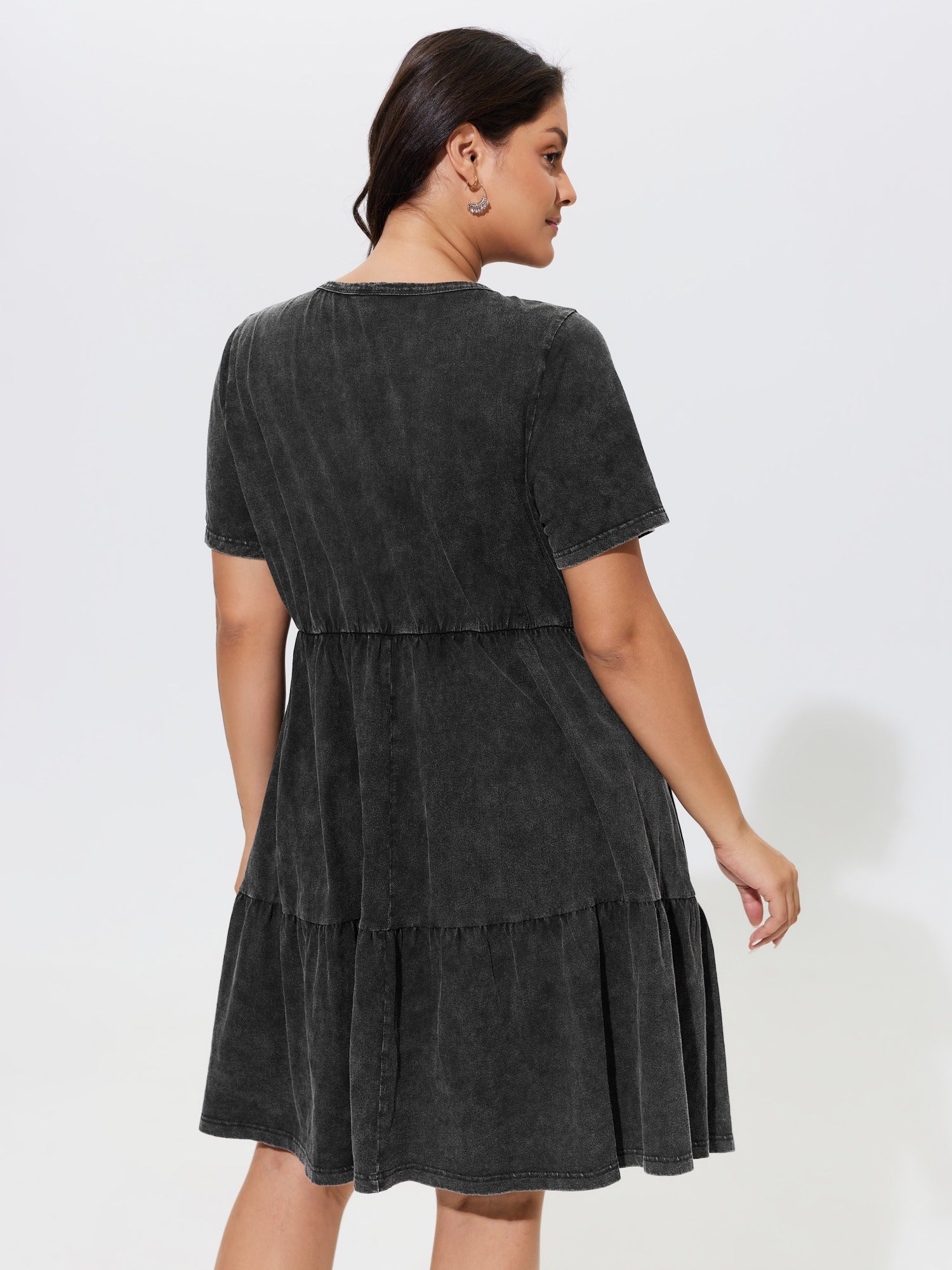 Cotton Vintage Washed Pleated Partial Button Tiered Mini Dress