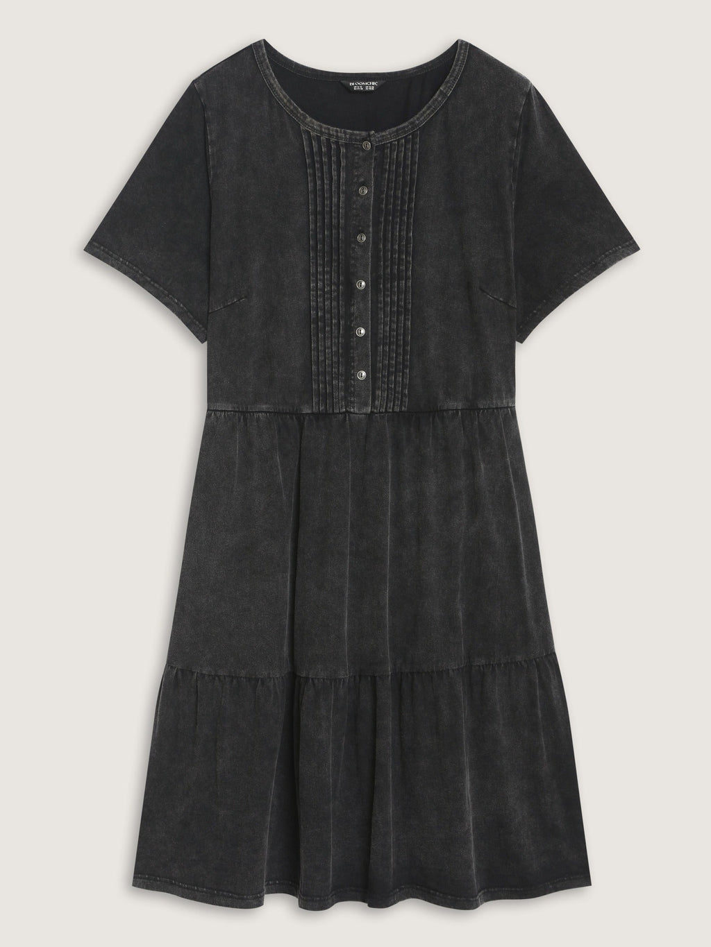 Cotton Vintage Washed Pleated Partial Button Tiered Mini Dress