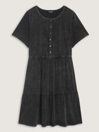 Cotton Vintage Washed Pleated Partial Button Tiered Mini Dress