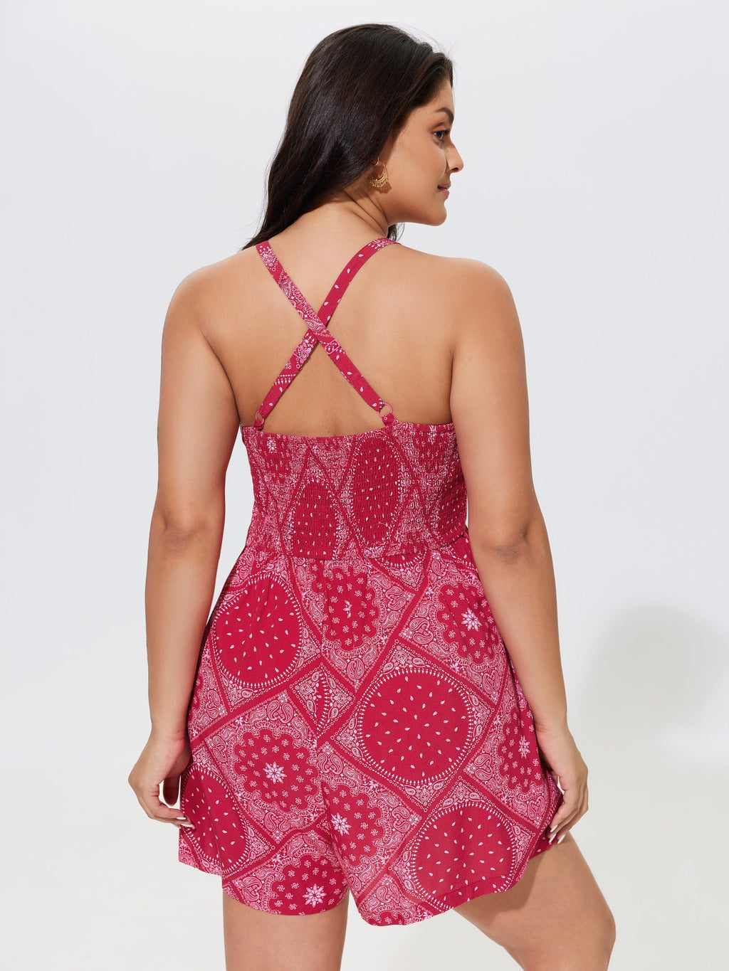 Boho Print Crisscross Back Shirred Waist Romper