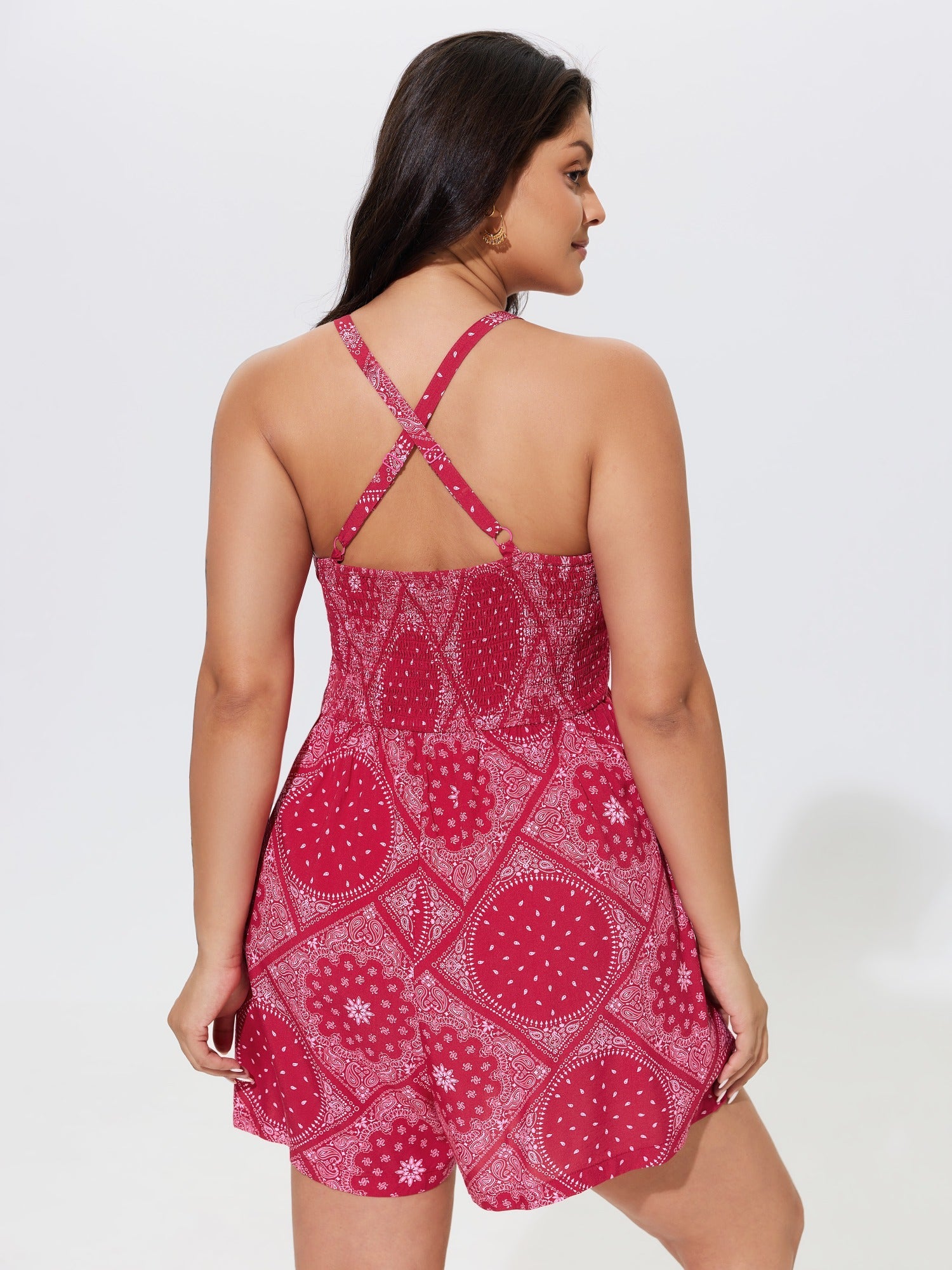 Boho Print Crisscross Back Shirred Waist Romper