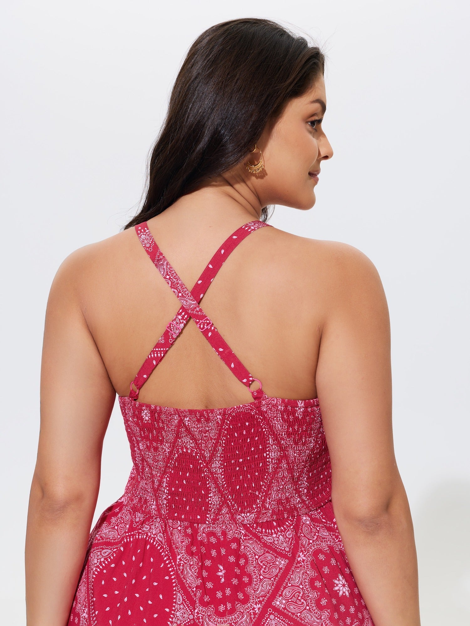 Boho Print Crisscross Back Shirred Waist Romper
