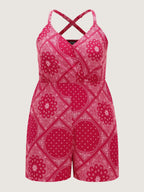 Boho Print Crisscross Back Shirred Waist Romper