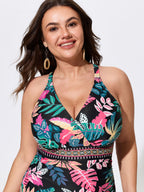 Sarong Set Tropical Print Mesh One Piece Swim