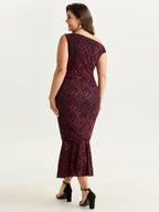 Flocked Floral Stretchy One-Shoulder Midi Dress
