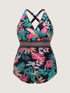 Sarong Set Tropical Print Mesh One Piece Swim