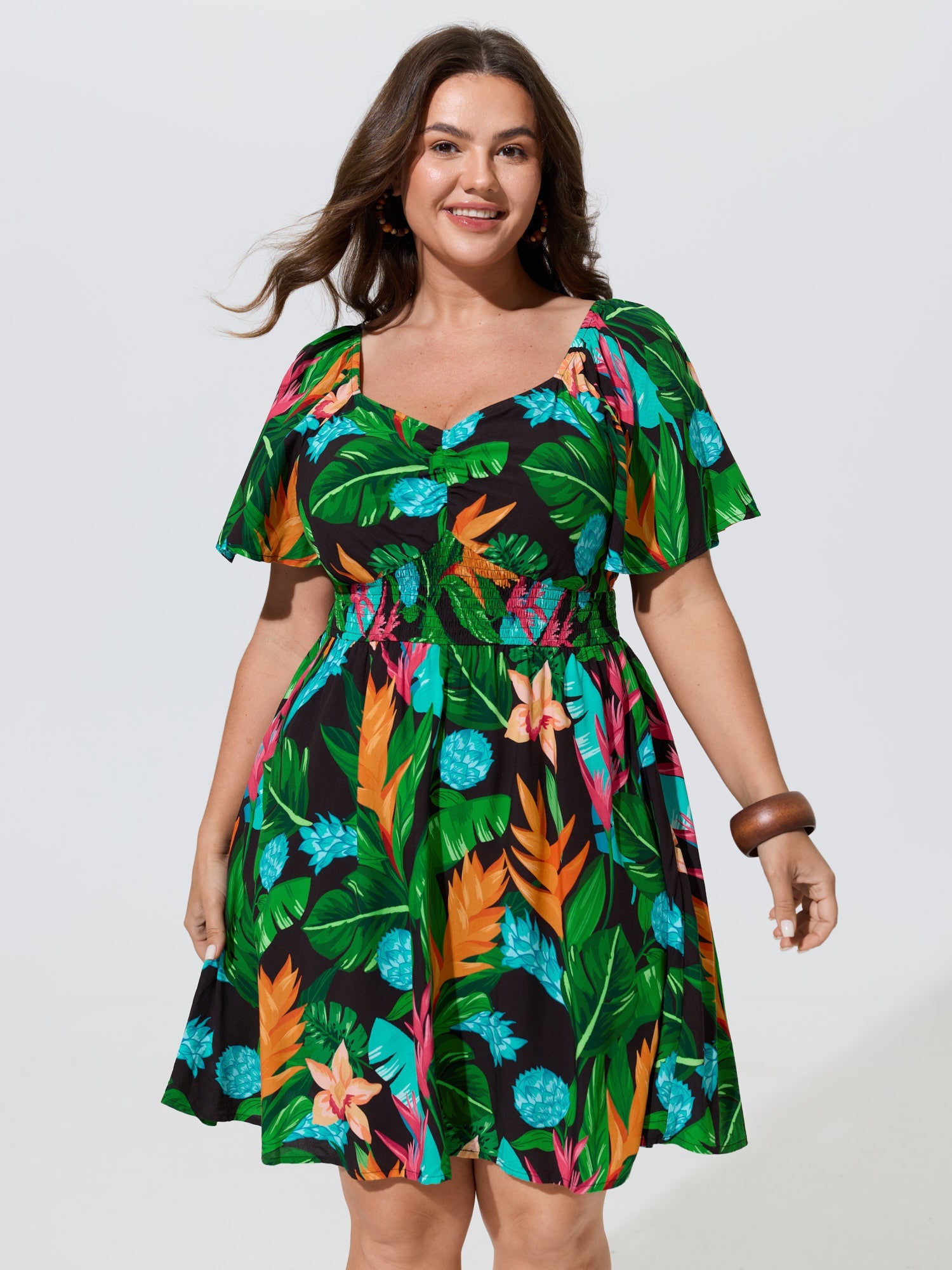 Tropical Floral Print Shirred Waist Mini Dress