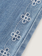 Stretchy Vintage Wash Floral Embroidery Bootcut Jeans