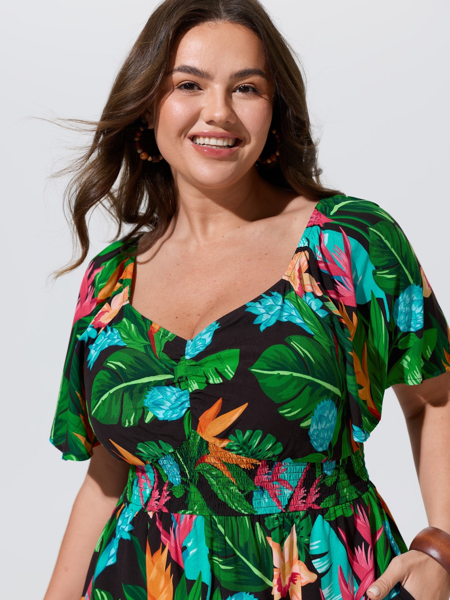 Tropical Floral Print Shirred Waist Mini Dress