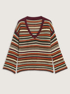 Multi-Color Stripe Hollow V-Neck Pullover