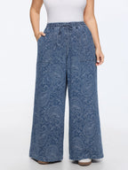 Washed Paisley Print Drawstring Wide Leg Jeans