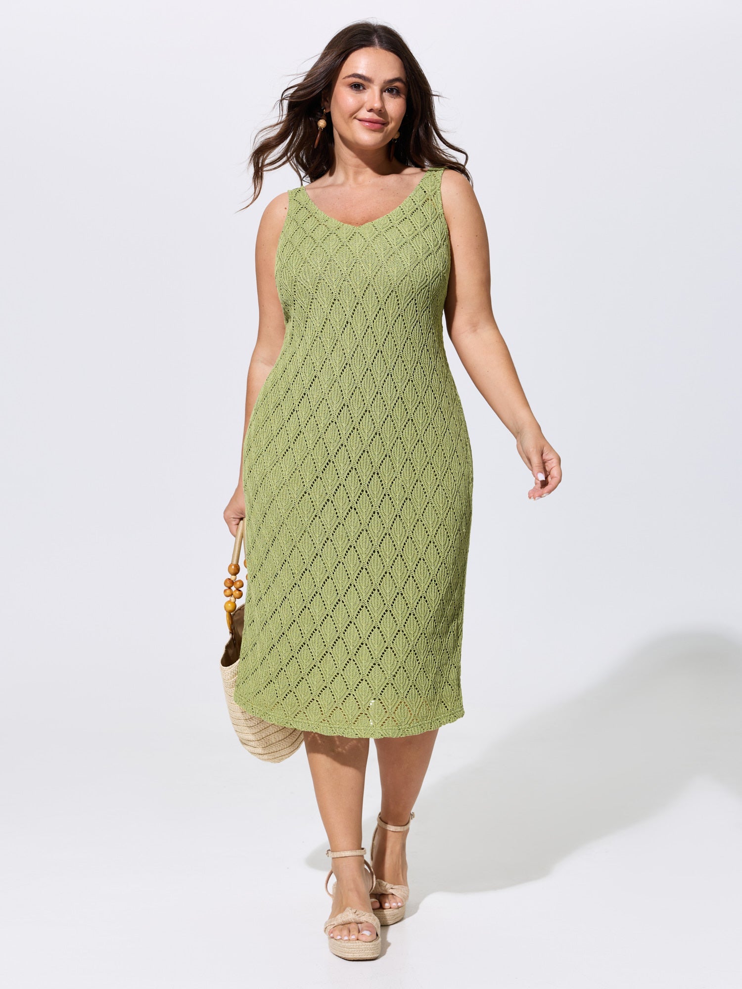 Textured Hollow Out Slim Fit Sleeveless Midi Dress