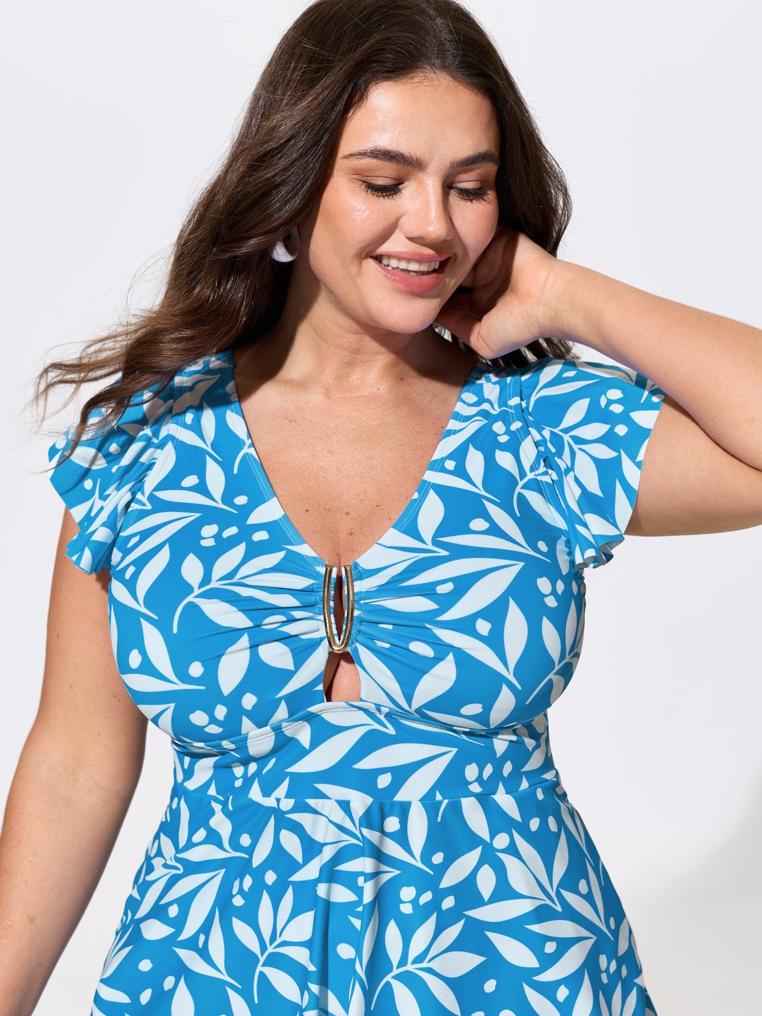 Leaf Print Crisscross Back Swim Dress