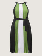 Colorblock Halter Neckline Waist-Tie Midi Dress