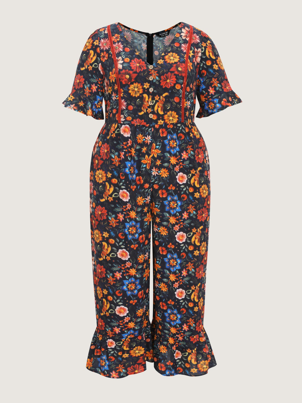 Floral Ruffle V Neck Wide Leg Jumpsuit