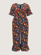Floral Ruffle V Neck Wide Leg Jumpsuit