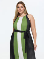 Colorblock Halter Neckline Waist-Tie Midi Dress