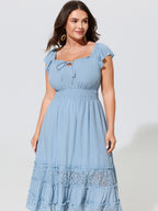 Lace Trim Ruffle Tie Front Midi Dress