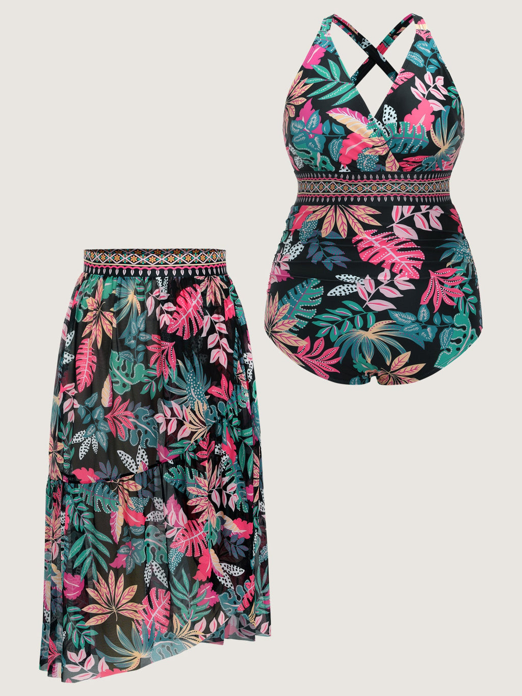 Sarong Set Tropical Print Mesh One Piece Swim