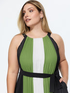 Colorblock Halter Neckline Waist-Tie Midi Dress