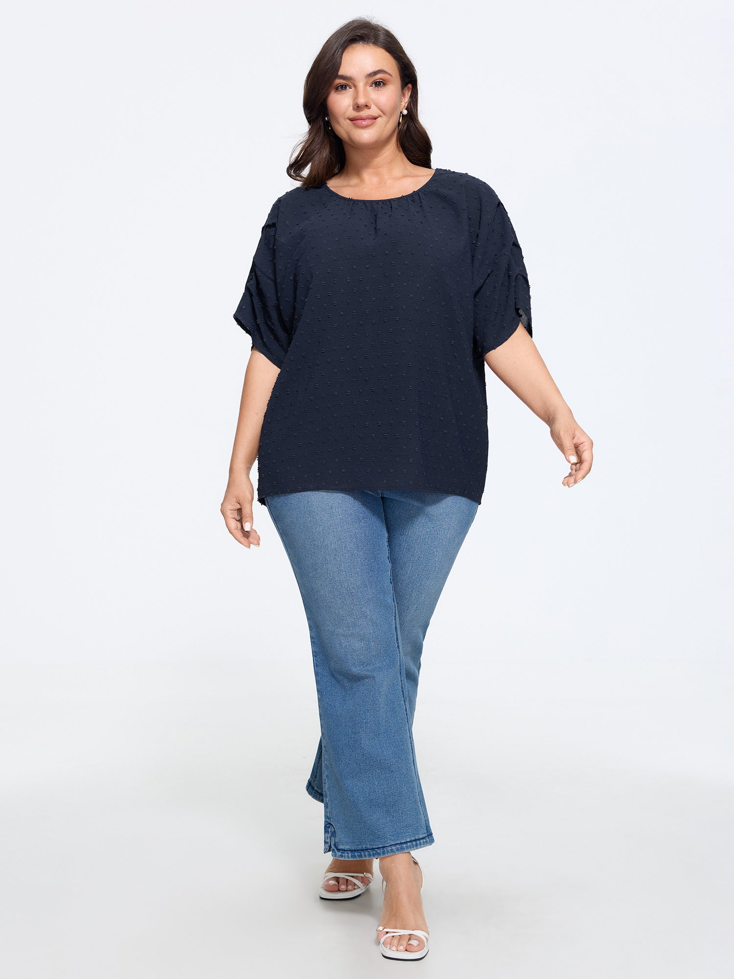 Textured Dot Ruffle Sleeve Loose Blouse
