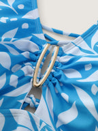 Leaf Print Crisscross Back Swim Dress