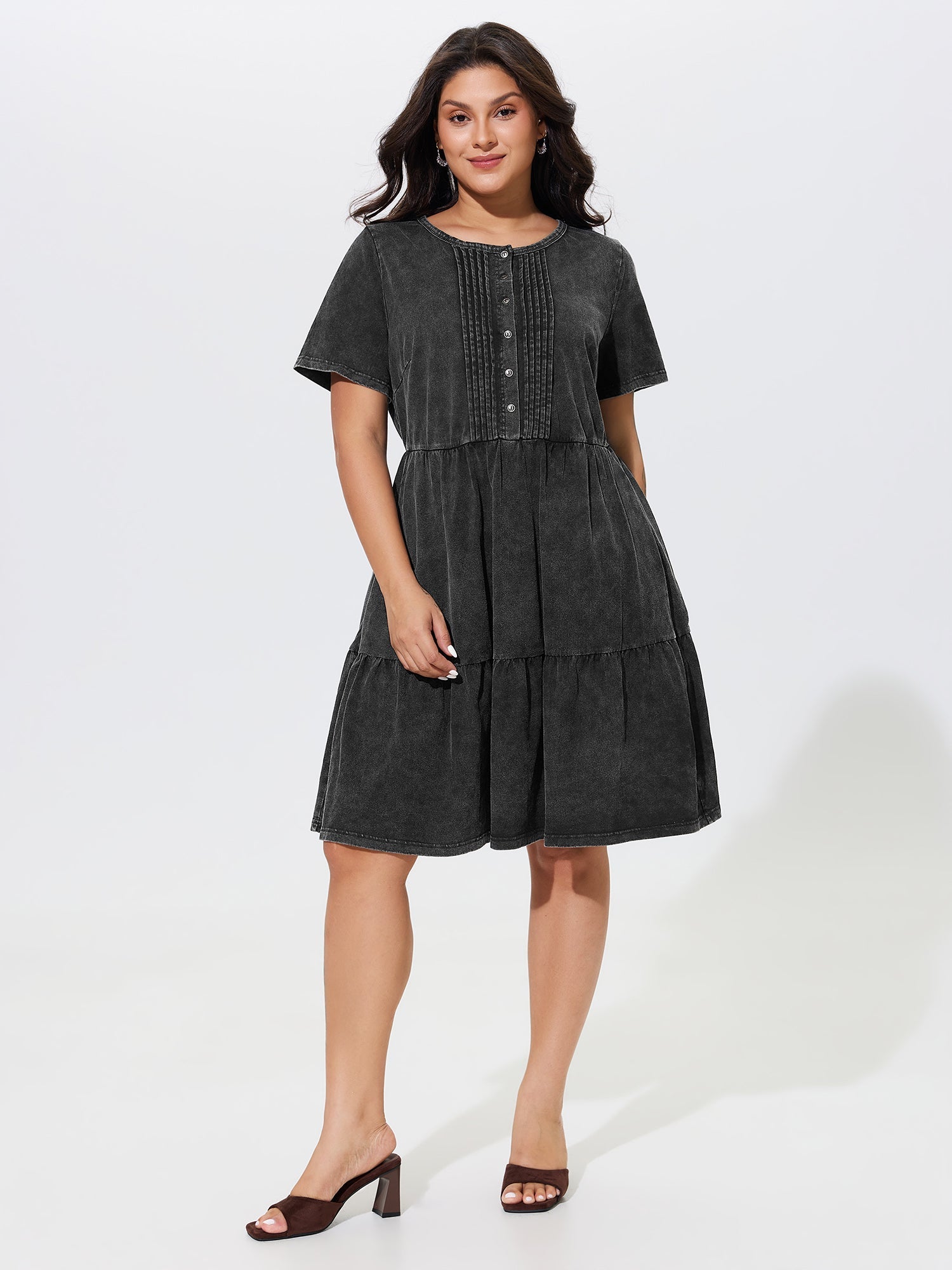 Cotton Vintage Washed Pleated Partial Button Tiered Mini Dress