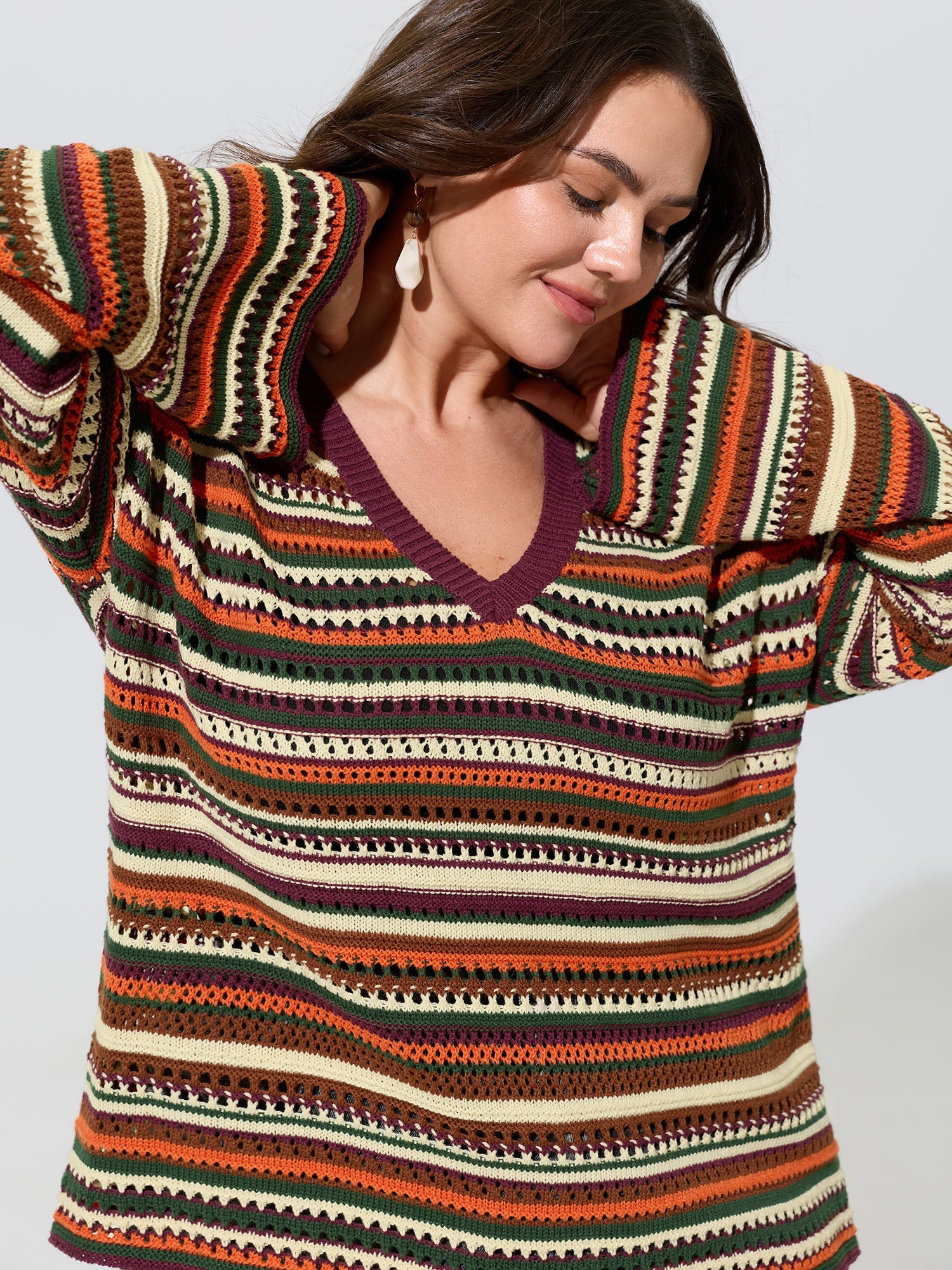 Multi-Color Stripe Hollow V-Neck Pullover