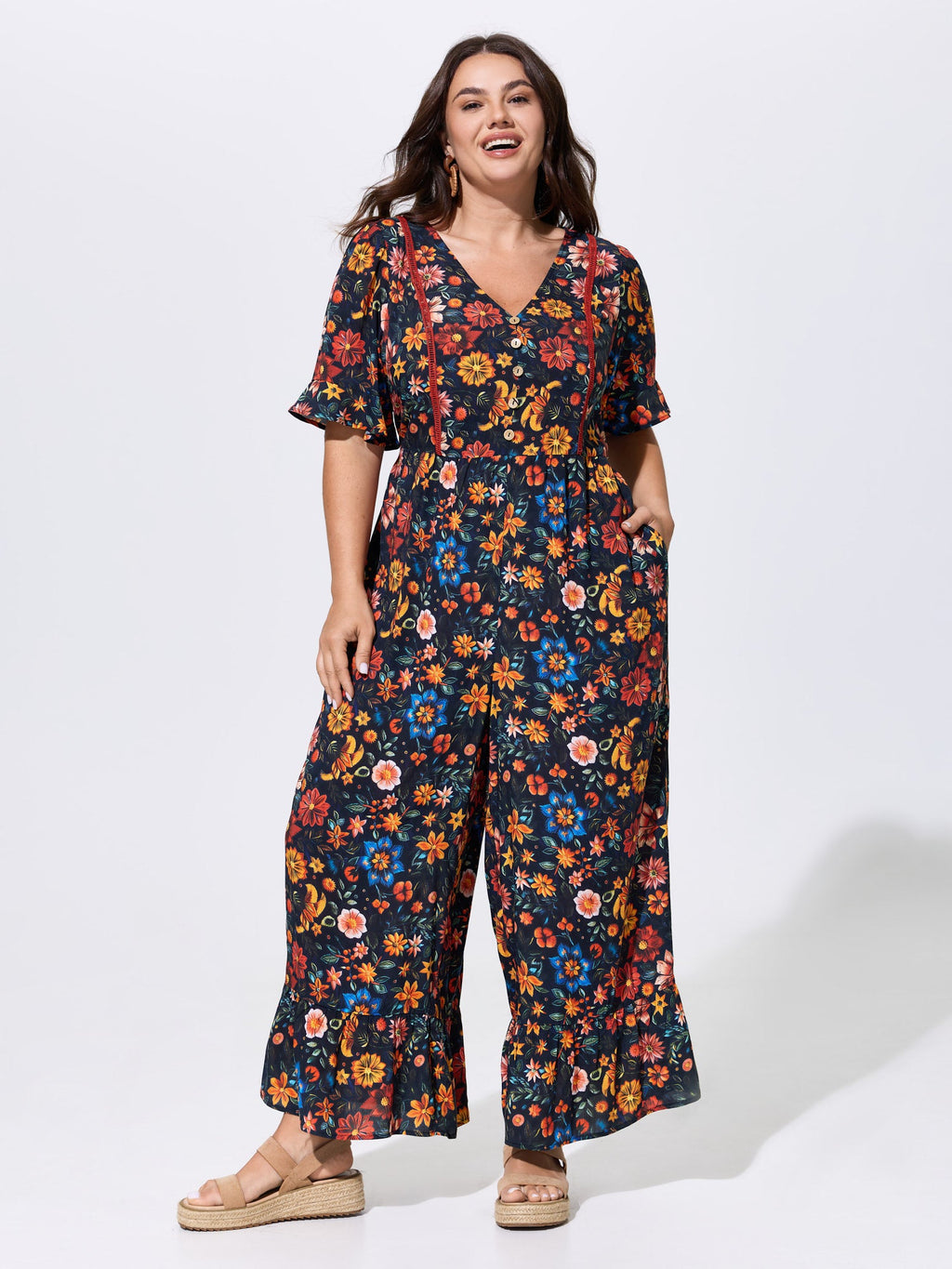 Floral Ruffle V Neck Wide Leg Jumpsuit
