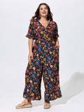 Floral Ruffle V Neck Wide Leg Jumpsuit