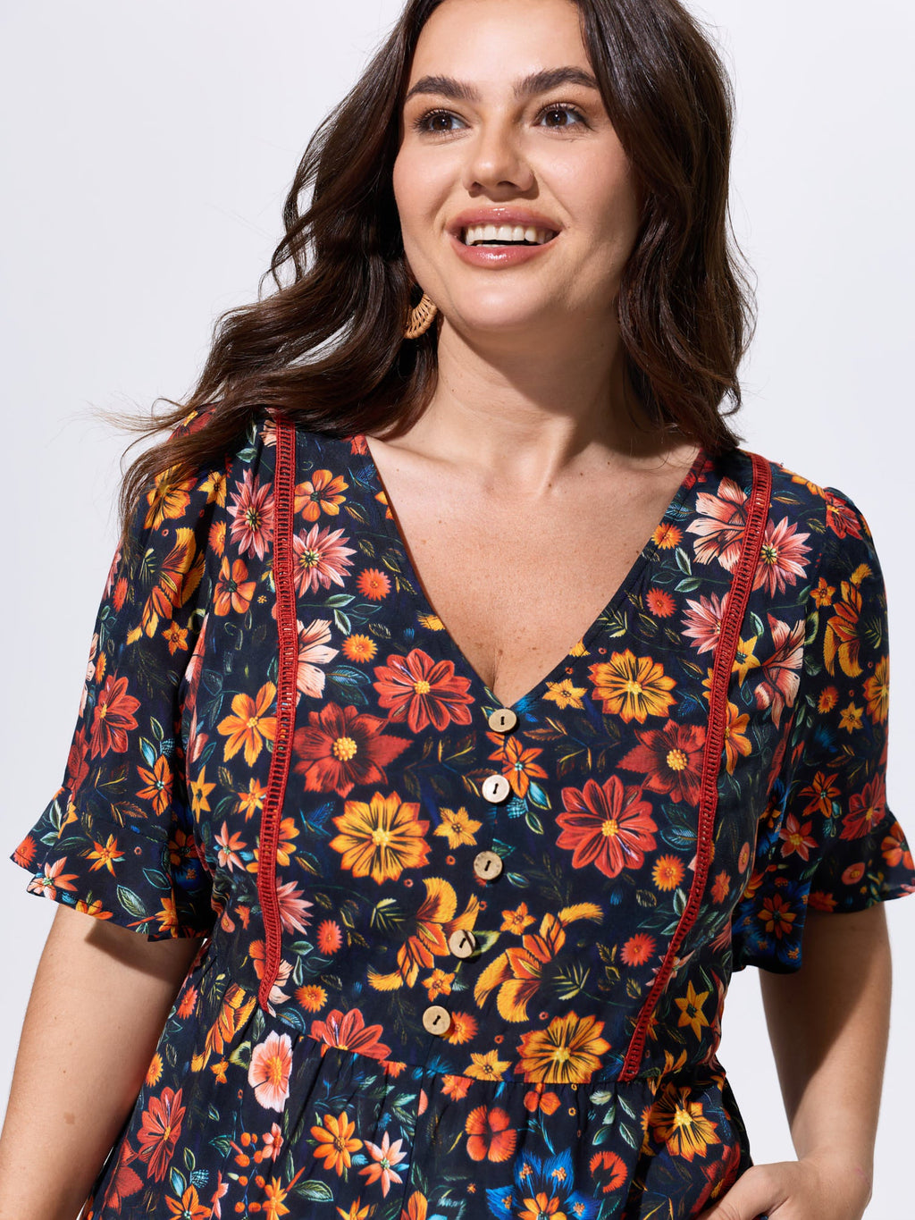 Floral Ruffle V Neck Wide Leg Jumpsuit