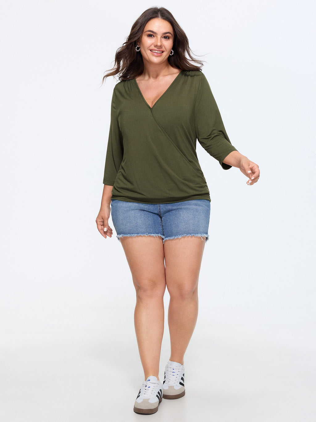 Supersoft Stretchy Solid Surplice Side Ruched T-Shirt