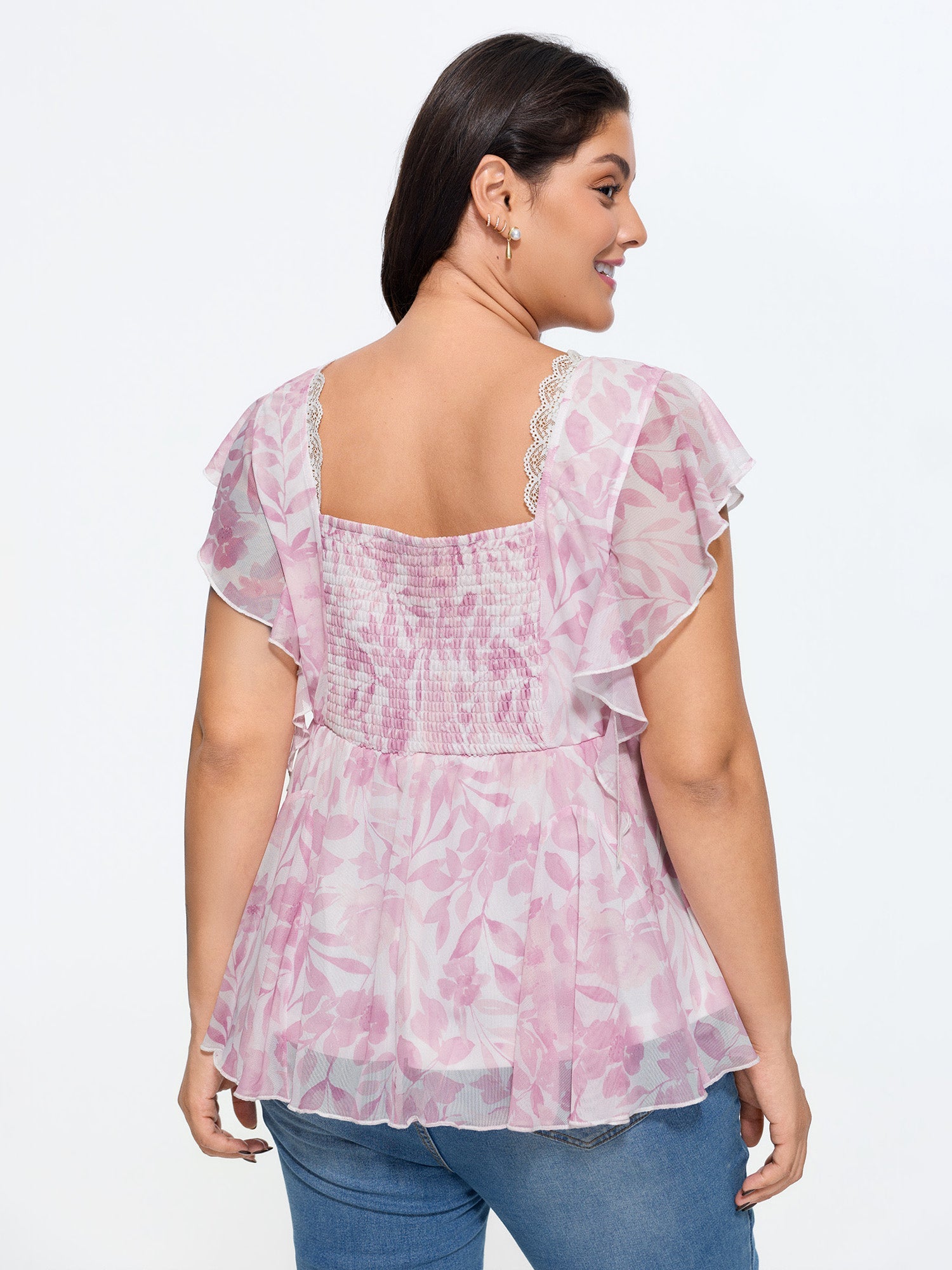 Soft Floral Lace Scallop Neck Flutter Sleeve Peplum Top