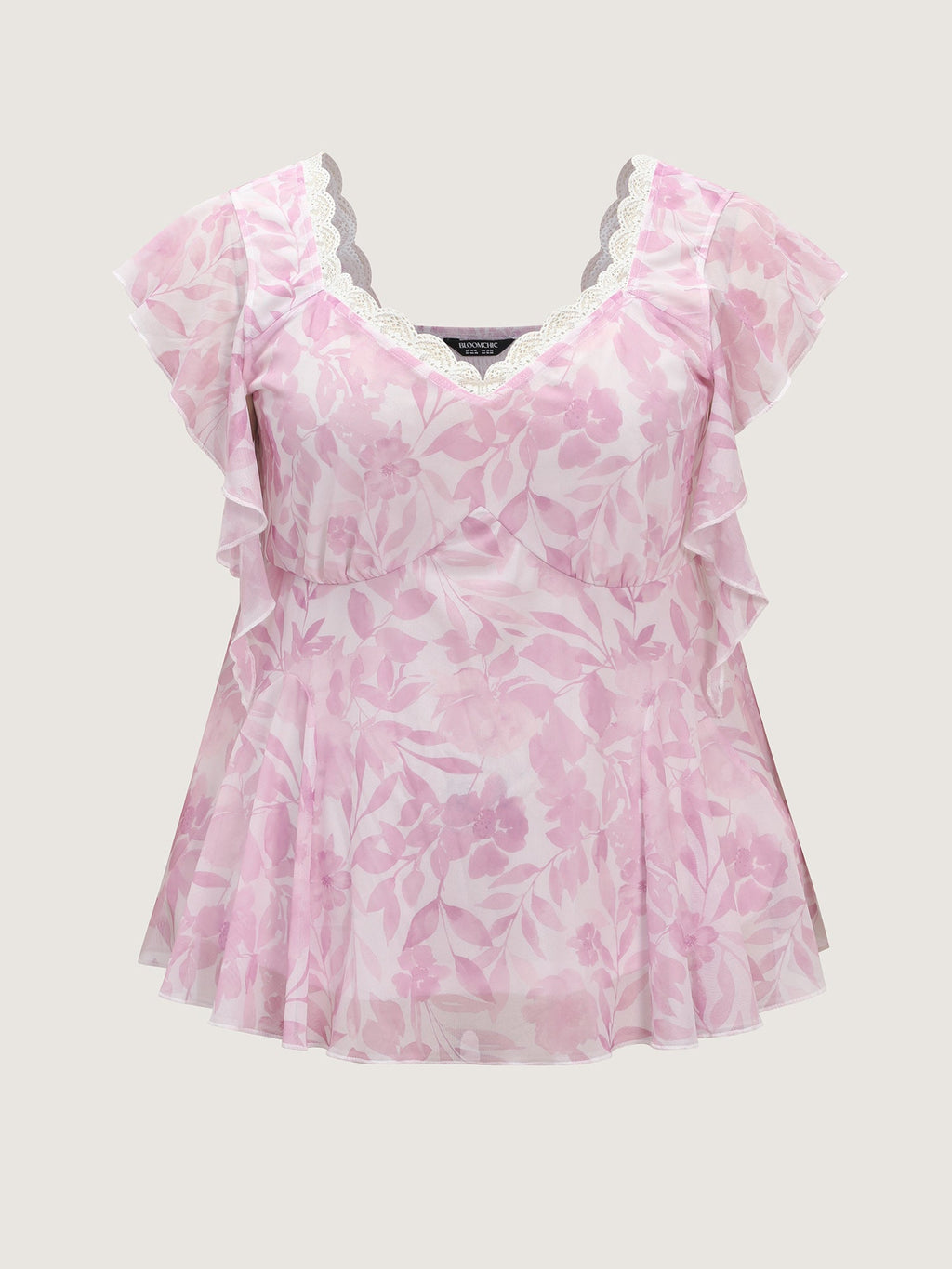 Soft Floral Lace Scallop Neck Flutter Sleeve Peplum Top