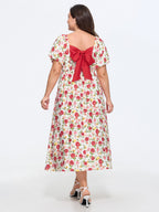 Rose Print Back Bow Detail Midi Dress