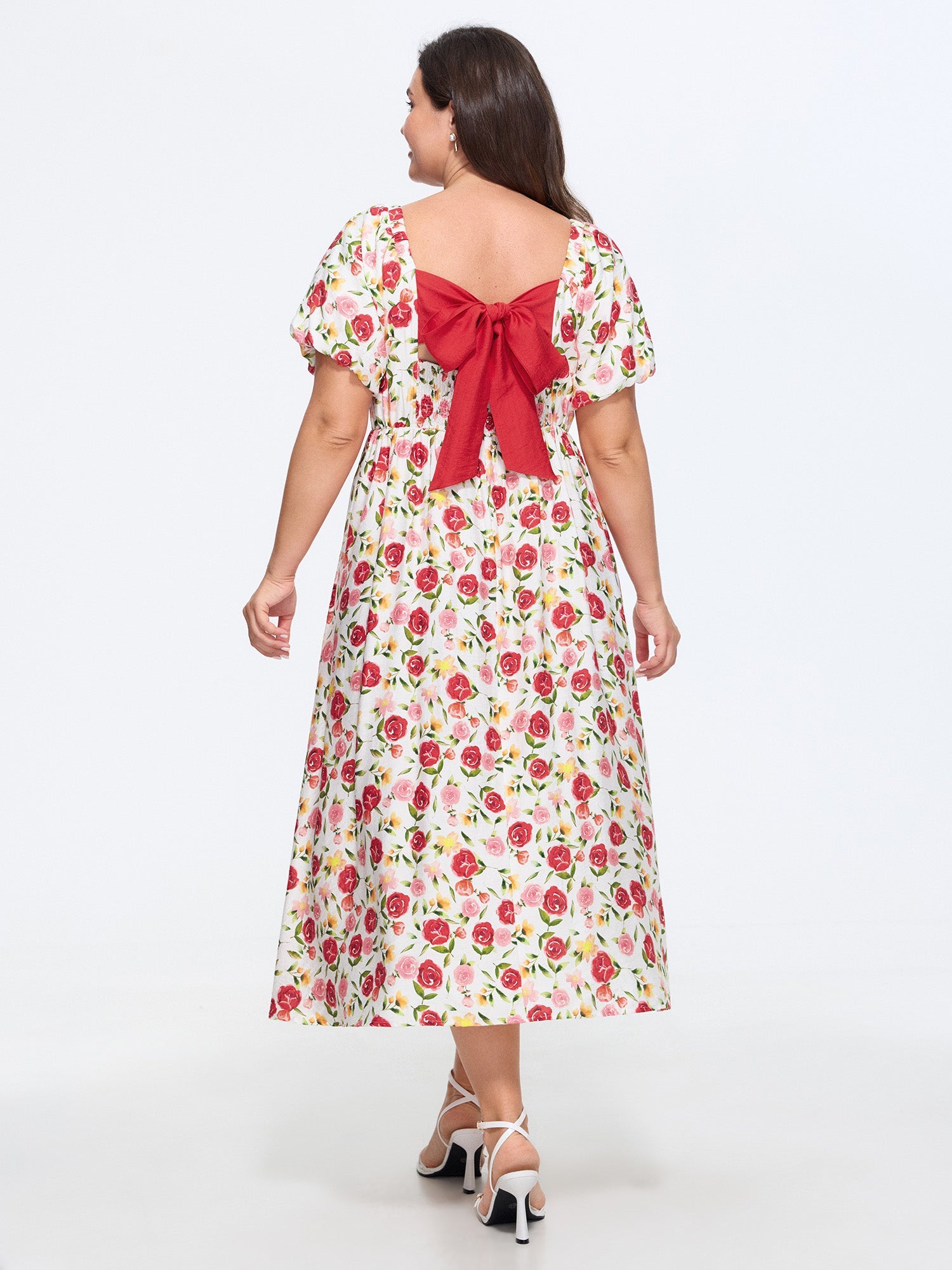 Rose Print Back Bow Detail Midi Dress