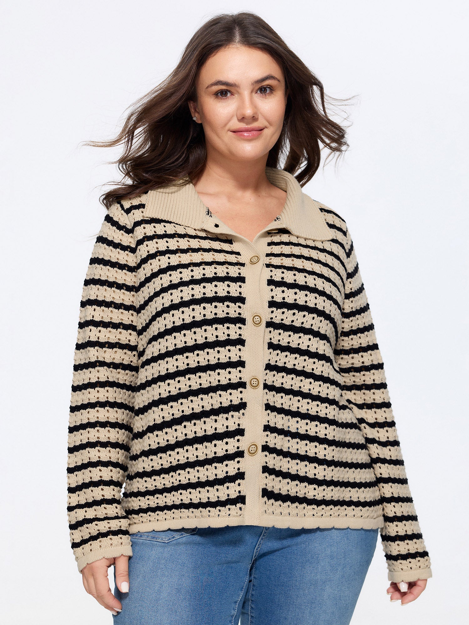 Striped Hollow Collared Button Front Cardigan